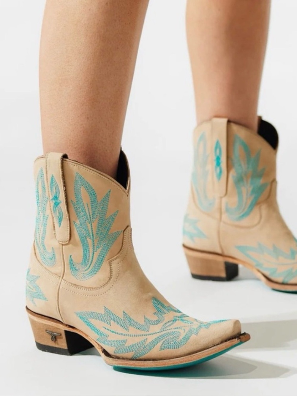 LANE Tan Leather Western Ankle Boots with Teal Stitching